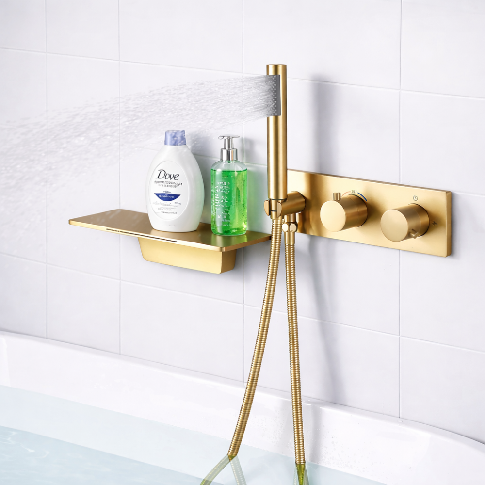 Auréa Cascade Pro – Ensemble bain-douche mural avec cascade et douchette disponible en doré, acier brossé ou noir