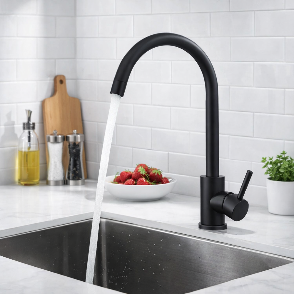 NoirArc Flow - Mitigeur cuisine noir mat col haut pivotant 360°