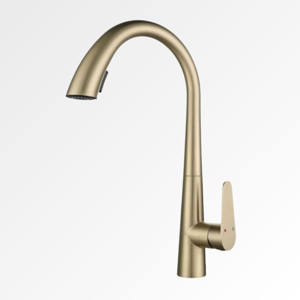 StealthArc Flow – Mitigeur cuisine télescopique doré avec douchette intégrée