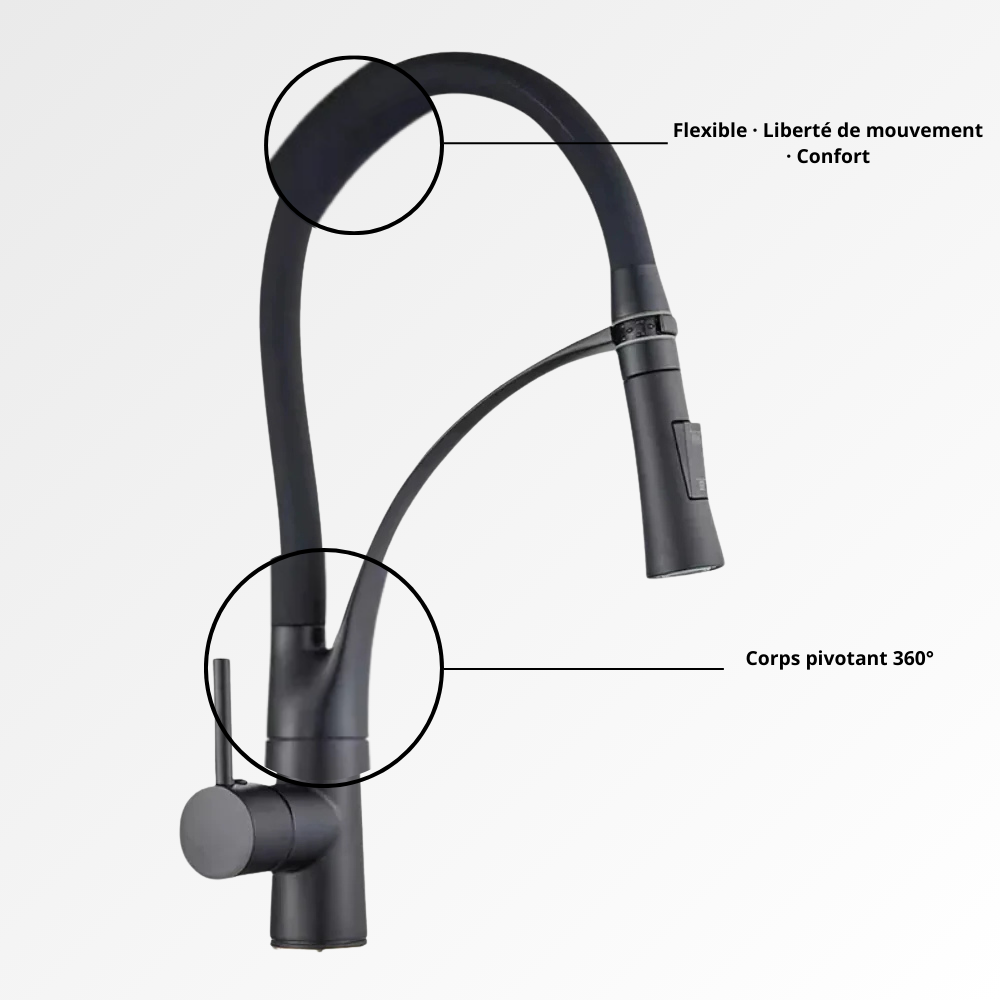 Flexa Noir – Mitigeur cuisine col de cygne avec douchette